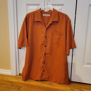 Tommy Bahama Orange Peach Button Up Silk Fish and Chips Shirt Mens M
